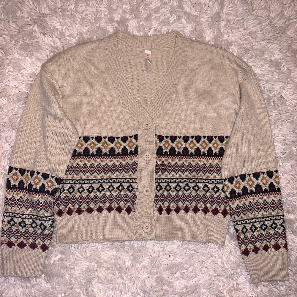 Cream print grandpa cropped cardigan